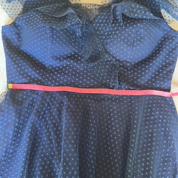 🛍️SALE🛍️ Venvienna Polka Dot Navy Blue Lace Midi Dress with Ruffles Details - Picture 10 of 11
